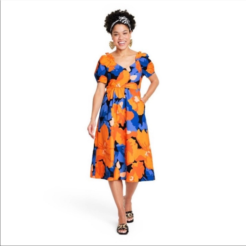 NWOT Tabitha Brown for Target Floral Print Puff Sleeve Tie-Back Midi Dress